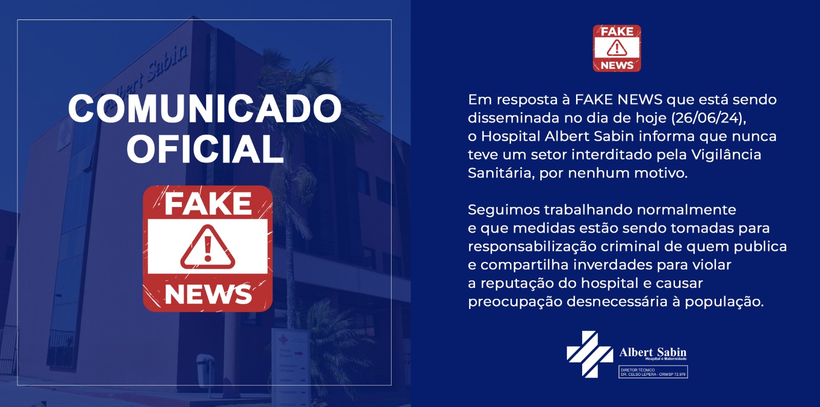 Hospital Albert Sabin rebate fake news sobre interdição de Centro Cirúrgico  e UTI